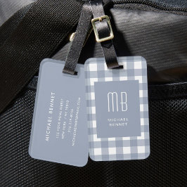 Elegante grijsblauwe geruite monogram bagagelabel