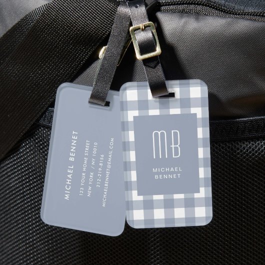 Elegante grijsblauwe geruite monogram bagagelabel