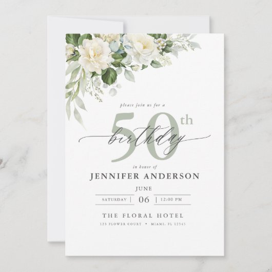 Elegante Grijsgroene Bloemen 50ste Verjaardag Kaart (Voorkant)