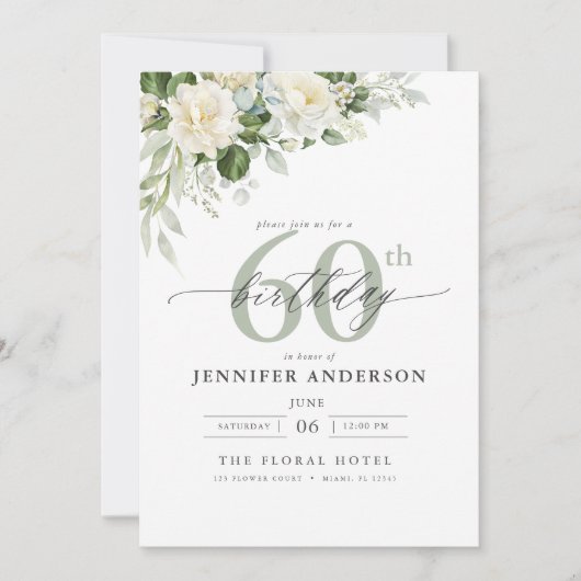 Elegante Grijsgroene Bloemen 60ste Verjaardag Kaart (Voorkant)