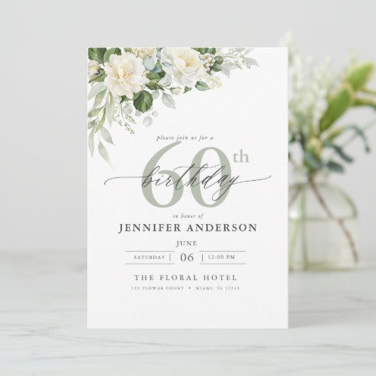 Elegante Grijsgroene Bloemen 60ste Verjaardag Kaart (Staand voorkant)