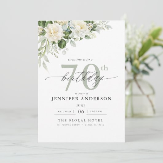Elegante Grijsgroene Bloemen 70ste Verjaardag Kaart (Staand voorkant)