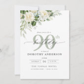 Elegante Grijsgroene Bloemen 90ste Verjaardag Kaart (Voorkant)