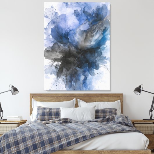 Elegante Grijze & Blauwe Abstracte Bloem Canvas Afdruk (Insitu (Slaapkamer))