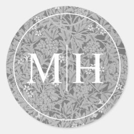 Elegante grijze bloemige monogram bruiloft ronde sticker