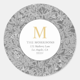 Elegante grijze bloemrijke gouden monogram retoura ronde sticker
