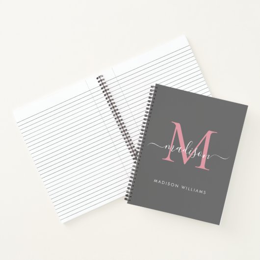 Elegante grijze blush roze Girly Monogram Script N Notitieboek (Binnen)