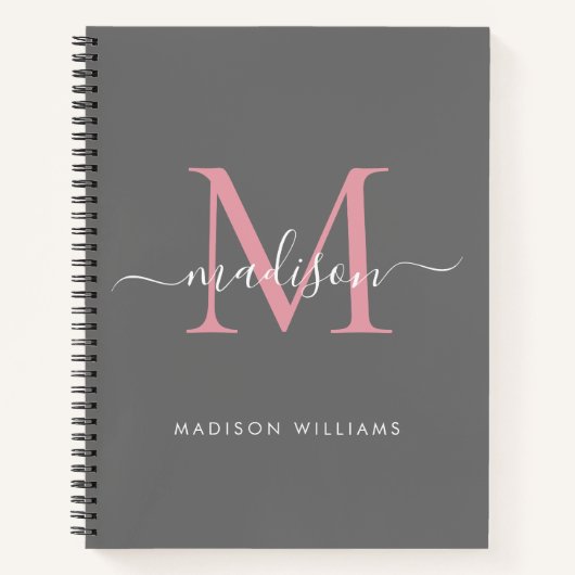 Elegante grijze blush roze Girly Monogram Script N Notitieboek (Voorkant)