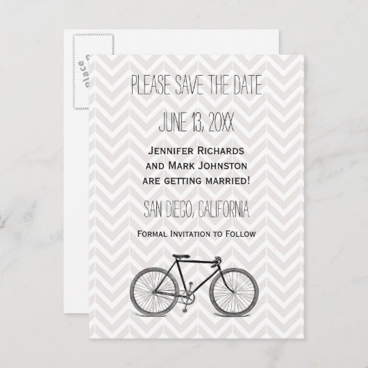 Elegante Grijze Chevron Fiets Bewaar de Datum Aankondigingskaart (Voorkant / Achterkant)