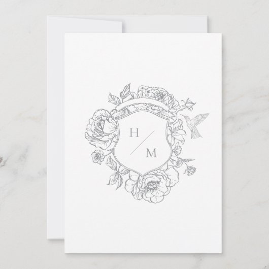 Elegante grijze Chinoiserie Bird & Crest bruiloft Kaart (Achterkant)