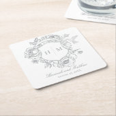 Elegante grijze Chinoiserie Bird Crest Wedding Kartonnen Onderzetters (Schuin)