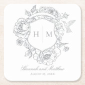 Elegante grijze Chinoiserie Bird Crest Wedding Kartonnen Onderzetters (Voorkant)