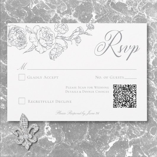 Elegante Grijze Chinoiserie Bird & Crest Wedding Q RSVP Kaartje