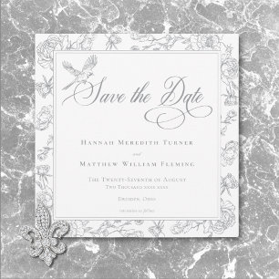 Elegante grijze chinoiserie vogel en familiewapen save the date