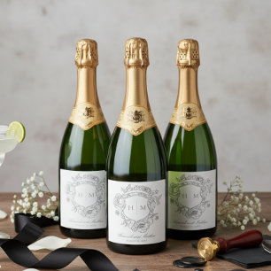 Elegante Grijze Chinoiserie Vogel Kam Wedding Sparkling Wijnetiket