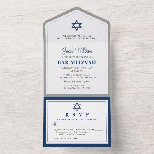 Elegante grijze en marineblauwe Bar Mitzvah alles All In One Uitnodiging (Binnen)