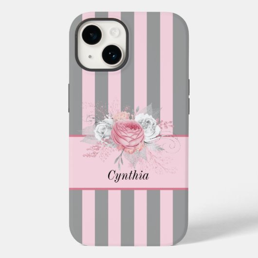 Elegante Grijze en Roze Strepen en Bloemen Case-Mate iPhone Case (Achterkant)