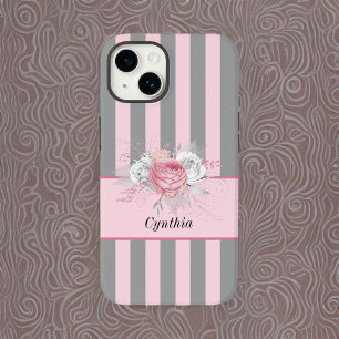 Elegante Grijze en Roze Strepen en Bloemen Case-Mate iPhone 14 Hoesje