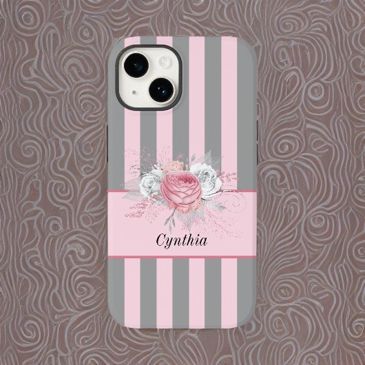 Elegante Grijze en Roze Strepen en Bloemen Case-Mate iPhone Case
