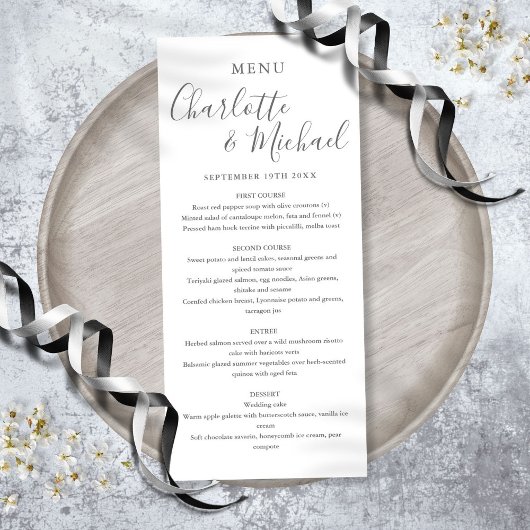 Elegante grijze en witte signatuur huwelijksmenu menu