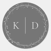 Elegante grijze en witte wijnrankenkrans monogram ronde sticker (Voorkant)