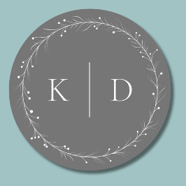 Elegante grijze en witte wijnrankenkrans monogram ronde sticker