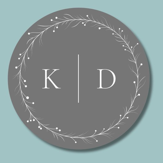 Elegante grijze en witte wijnrankenkrans monogram ronde sticker