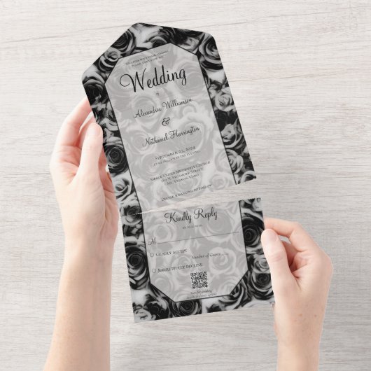 Elegante grijze en zwarte rozen QR-code All In One Uitnodiging (Afscheurbaar)