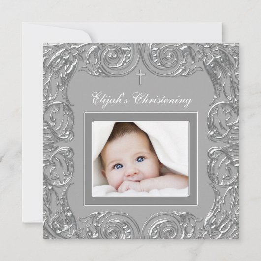Elegante grijze foto doopuitnodigingen kaart (Voorkant)