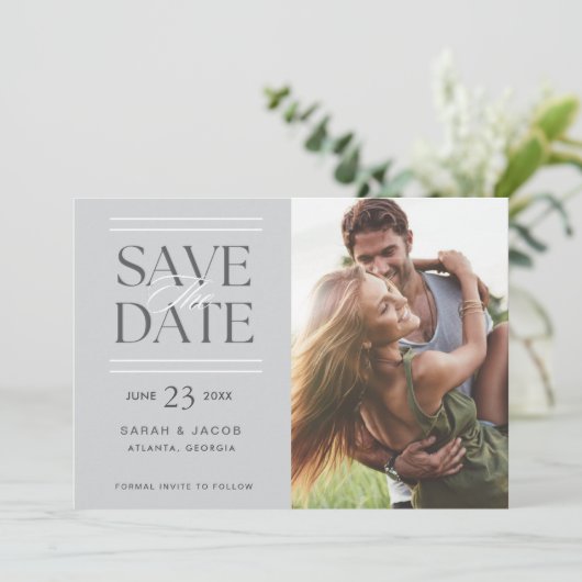 Elegante Grijze Fotobruiloft Save the Date Aankondiging (Staand voorkant)
