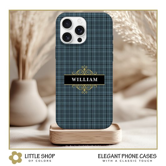 Elegante grijze geruite gouden monogram iPhone 15 case