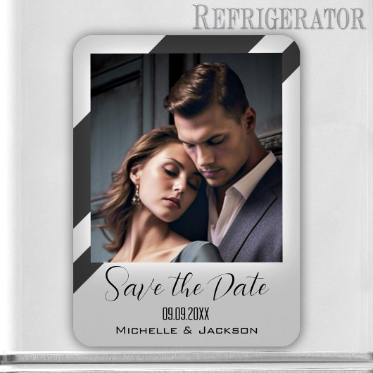 Elegante grijze gestreepte foto Save the Date Magneet