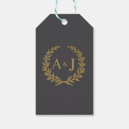 Elegante grijze gouden lauwerkrans monogram bruilo cadeaulabel