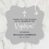 Elegante grijze jongen doop dank u bedankjes labels (Achterkant)