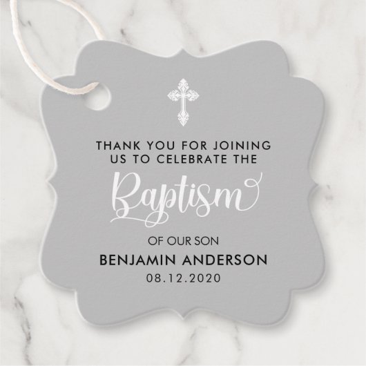 Elegante grijze jongen doop dank u bedankjes labels (Voorkant)