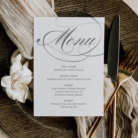 Elegante grijze kalligrafie scriptuur bruiloft menu