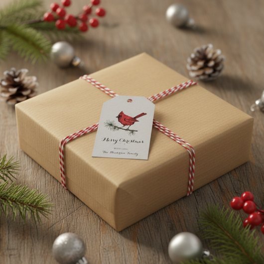 Elegante grijze kardinaal Bird Kerstmis Cadeaulabel