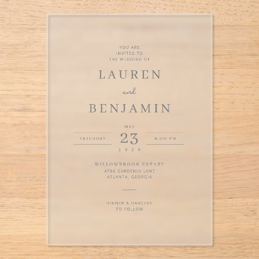 Elegante grijze minimalistische trouwuitnodiging acryl uitnodigingen (Voorkant)