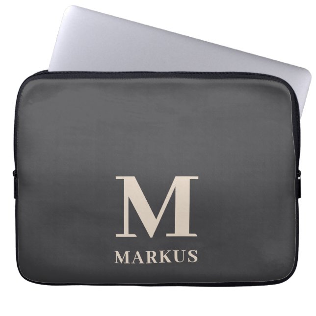 Elegante grijze monogram laptophoes laptop sleeve (Voorkant)