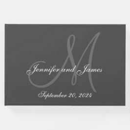 Elegante Grijze Monogram Namen Datum Foto Huwelijk Gastenboek