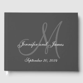 Elegante Grijze Monogram Namen Datum Foto Huwelijk Gastenboek