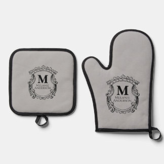 Elegante grijze monogram wapen  ovenwant & pannenlap set