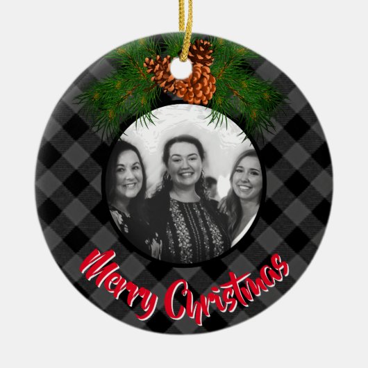 Elegante grijze plaid pinecone foto sjabloon keramisch ornament (Voorkant)