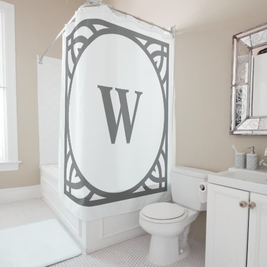 Elegante grijze rand monogram douchegordijn (In situ)