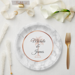 Elegante grijze roze gouden palmboom marmeren brui papieren bordje