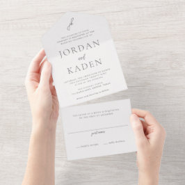 Elegante grijze script monogram bruiloft all in one uitnodiging