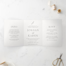 Elegante grijze script monogram bruiloft drieluik uitnodiging