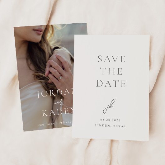 Elegante grijze script monogram trouwkaart save the date
