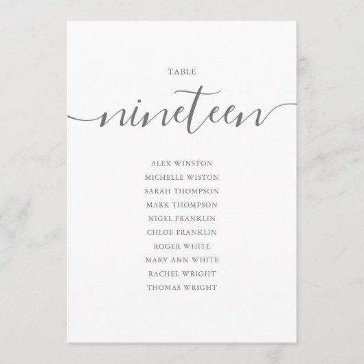 Elegante grijze script tafelnummer 19 zitplaatsind (Voorkant)