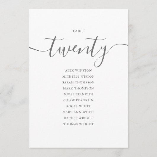 Elegante grijze script tafelnummer 20 zitplaatskaa (Voorkant)